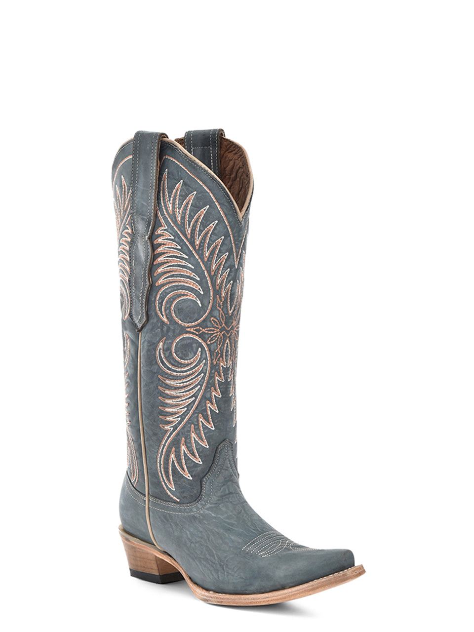 L6120 - WOMEN'S EMBROIDERY DSITRESSED BLUE SNIP TOE COWBOY BOOT