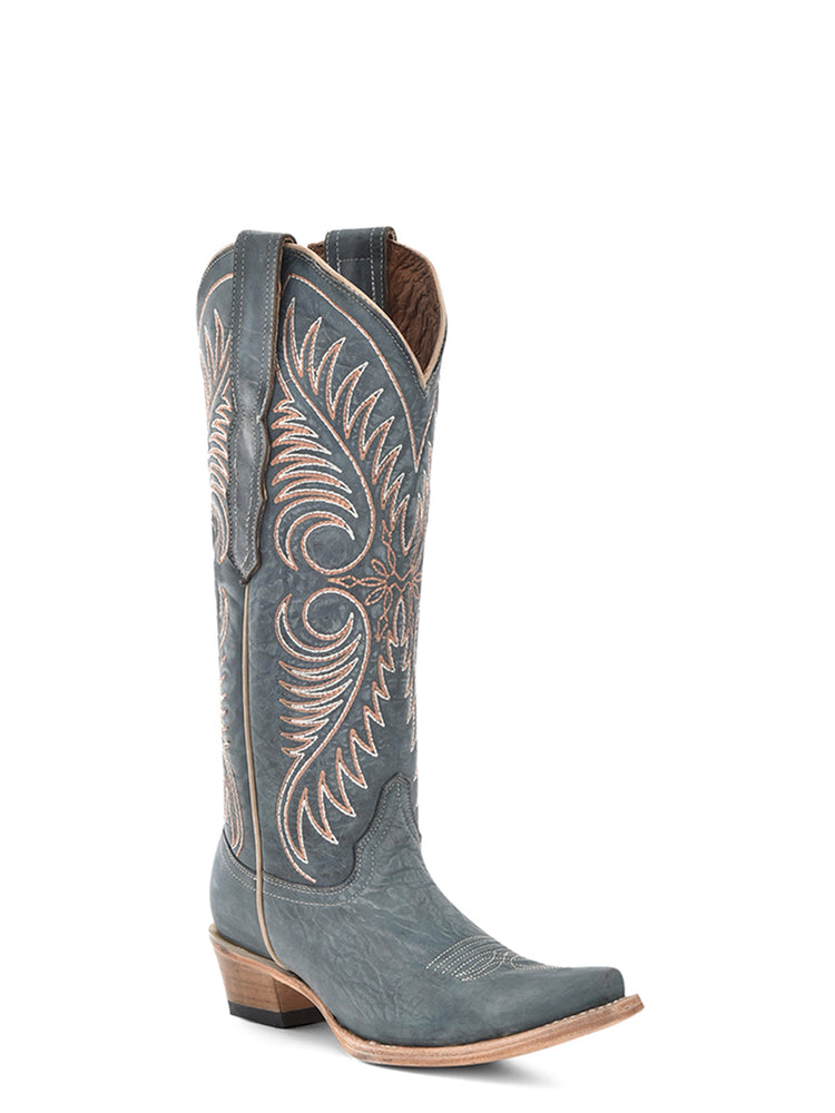 L6120 WOMEN'S EMBROIDERY DSITRESSED BLUE SNIP TOE COWBOY BOOT