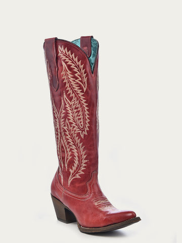 E1318 WOMEN'S EMBROIDERY RED TALL TOP SNIP TOE COWBOY BOOT