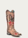 WOMENS FLORAL CACTUS AND HORSESHOE EMBROIDERY TAUPE SQUARE TOE COWBOY BOOT-a3769