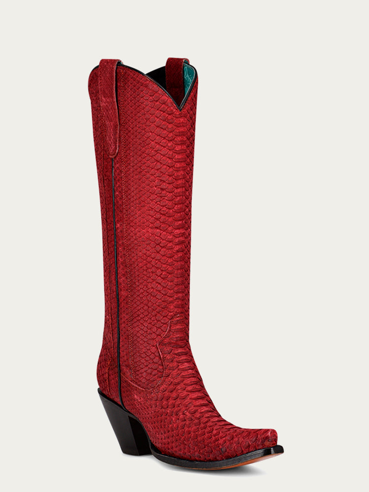 A4194 WOMEN'S GENUINE RED FULL PYTHON SNIP TOE TALL TOP COWBOY