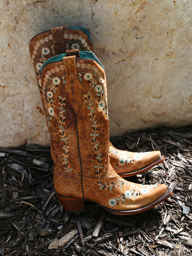 A4439 - WOMEN'S GLOW IN THE DARK FLORAL EMBROIDERY DISTRESS COGNAC