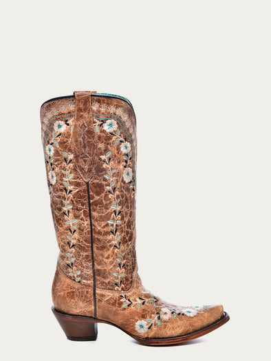 A4439 - WOMEN'S GLOW IN THE DARK FLORAL EMBROIDERY DISTRESS COGNAC