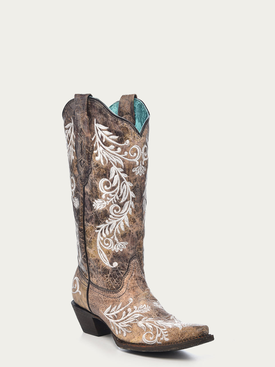 WOMENS GLOW IN THE DARK WHITE FEATHERED FLORAL EMBROIDERY BROWN SNIP TOE COWBOY BOOT-a3753