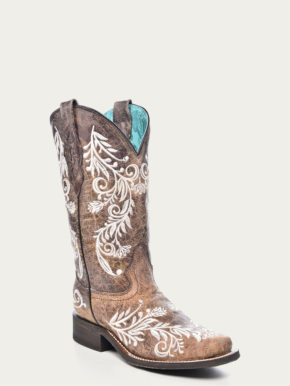 WOMENS GLOW IN THE DARK WHITE FEATHERED FLORAL EMBROIDERY BROWN SQUARE TOE COWBOY BOOT-a4063