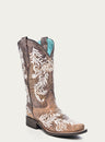 WOMENS GLOW IN THE DARK WHITE FEATHERED FLORAL EMBROIDERY BROWN SQUARE TOE COWBOY BOOT-a4063