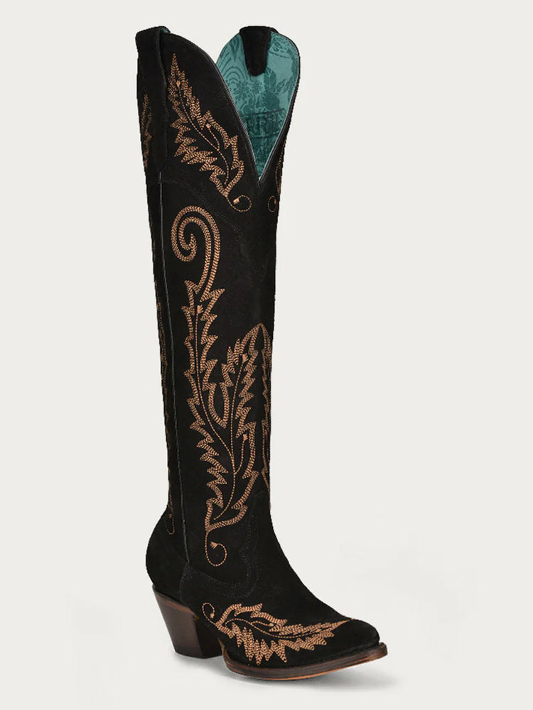 A4404 WOMEN'S GOLD EMBROIDERY BLACK SUEDE TALL TOP J TOE COWBOY