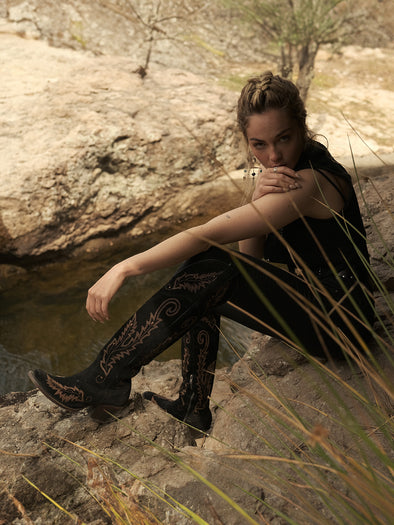 A4404 - WOMEN'S GOLD EMBROIDERY BLACK SUEDE TALL TOP J TOE COWBOY