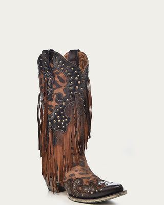 WOMENS LEOPARD PRINT WITH FRINGE AND STUDS SNIP TOE COWBOY BOOT-a3618