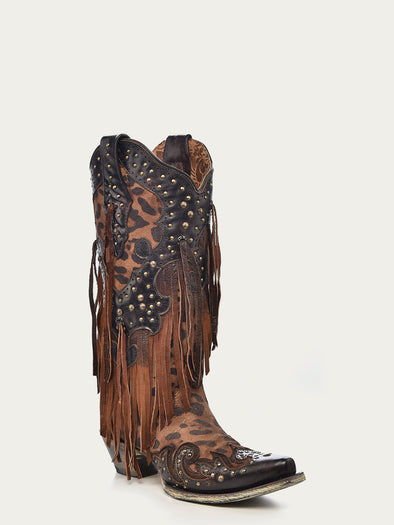 A3618 - WOMEN'S LEOPARD PRINT WITH FRINGE AND STUDS SNIP TOE