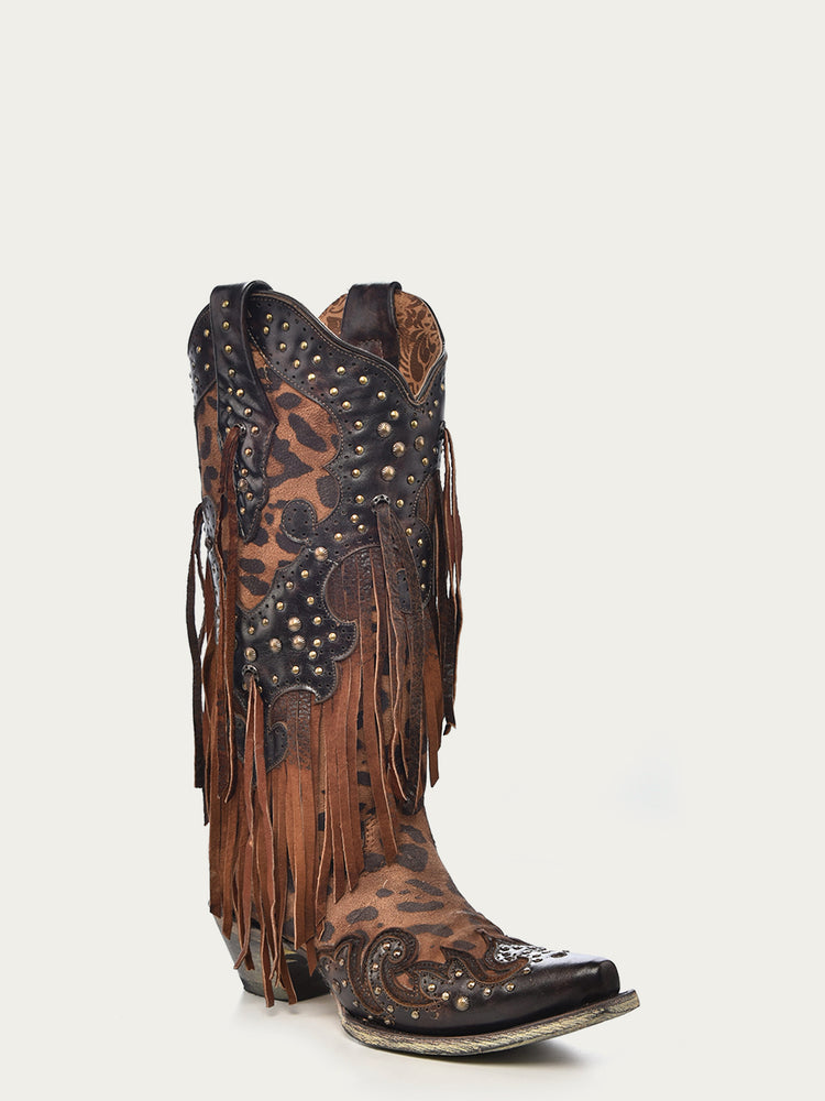 A3618 WOMEN'S LEOPARD PRINT WITH FRINGE AND STUDS SNIP TOE