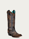 WOMENS LEOPARD WOVEN INLAY OVERLAY AND STUDS BLACK SNIP TOE COWBOY BOOT-c3881