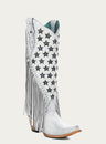 WOMEN'S LUMINESCENT EMBROIDERY AND STARS WITH LAMB FRINGE WHITE SNIP TOE COWBOY BOOT-c4155