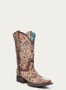 WOMEN'S MULTICOLOR GLITTERED INLAY BONE COLOR SQUARE TOE COWBOY BOOT-c3405