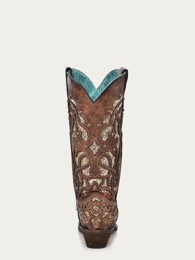 C3331 - WOMEN'S ORIX GLITTERED INLAY AND STUDS BROWN SNIP TOE