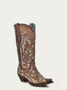 WOMEN'S ORIX GLITTERED INLAY AND STUDS BROWN SNIP TOE COWBOY BOOT-c3331