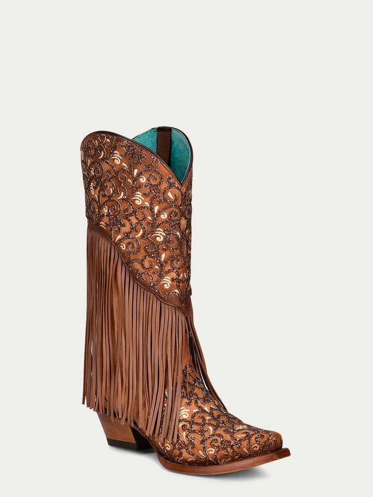 C3876 WOMEN'S OVERLAY WHITE EMBROIDERY LAMB FRINGE HONEY SNIP