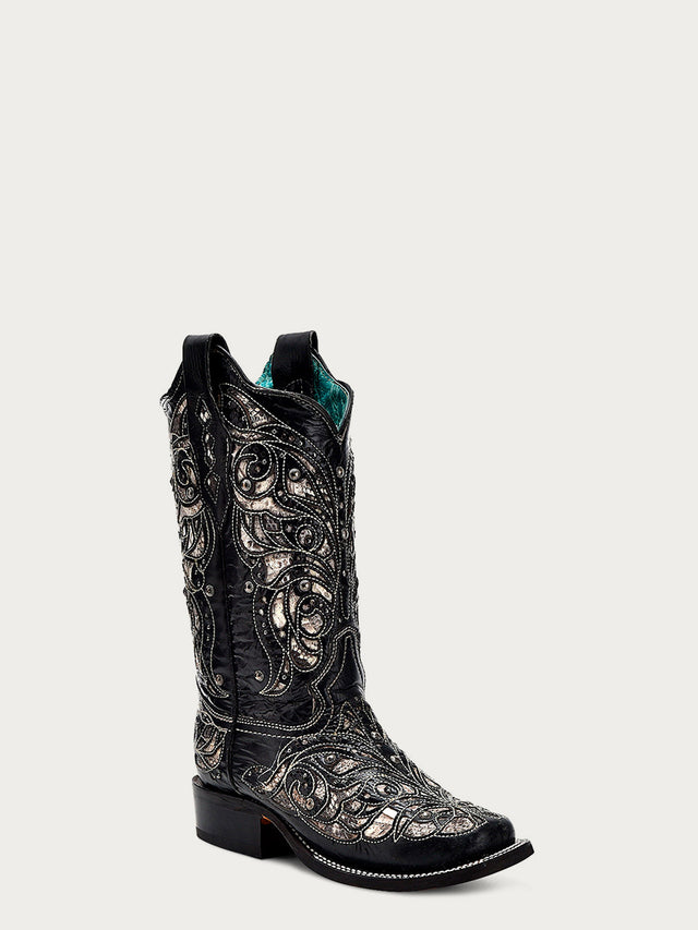 A4133 - WOMEN'S PYTHON INLAY BLACK SQUARE TOE COWBOY BOOT – Corral Boot ...