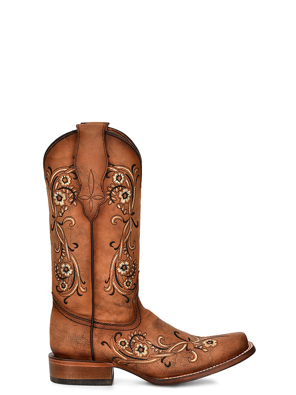 L2063 - WOMEN'S SAND FLORAL EMBROIDERY BROWN SQUARE TOE COWBOY BOOT