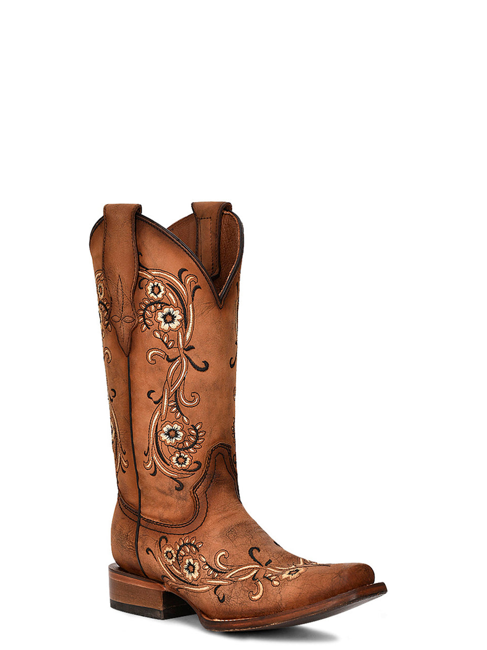 L2063 - WOMEN'S SAND FLORAL EMBROIDERY BROWN SQUARE TOE COWBOY BOOT