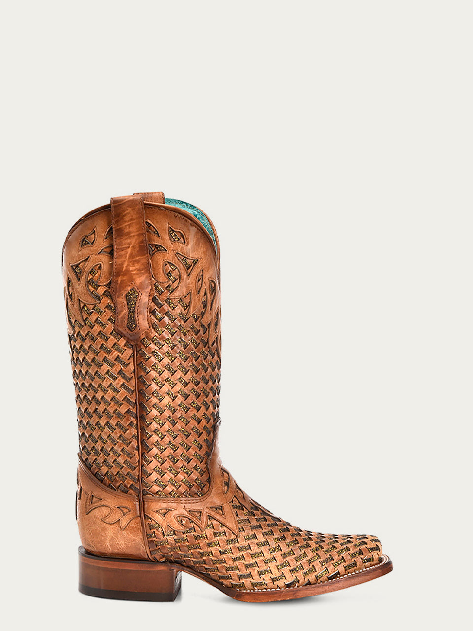 A4525 - WOMEN'S SAND GLITTER WOVEN OVERLAY SQUARE TOE COWBOY BOOT