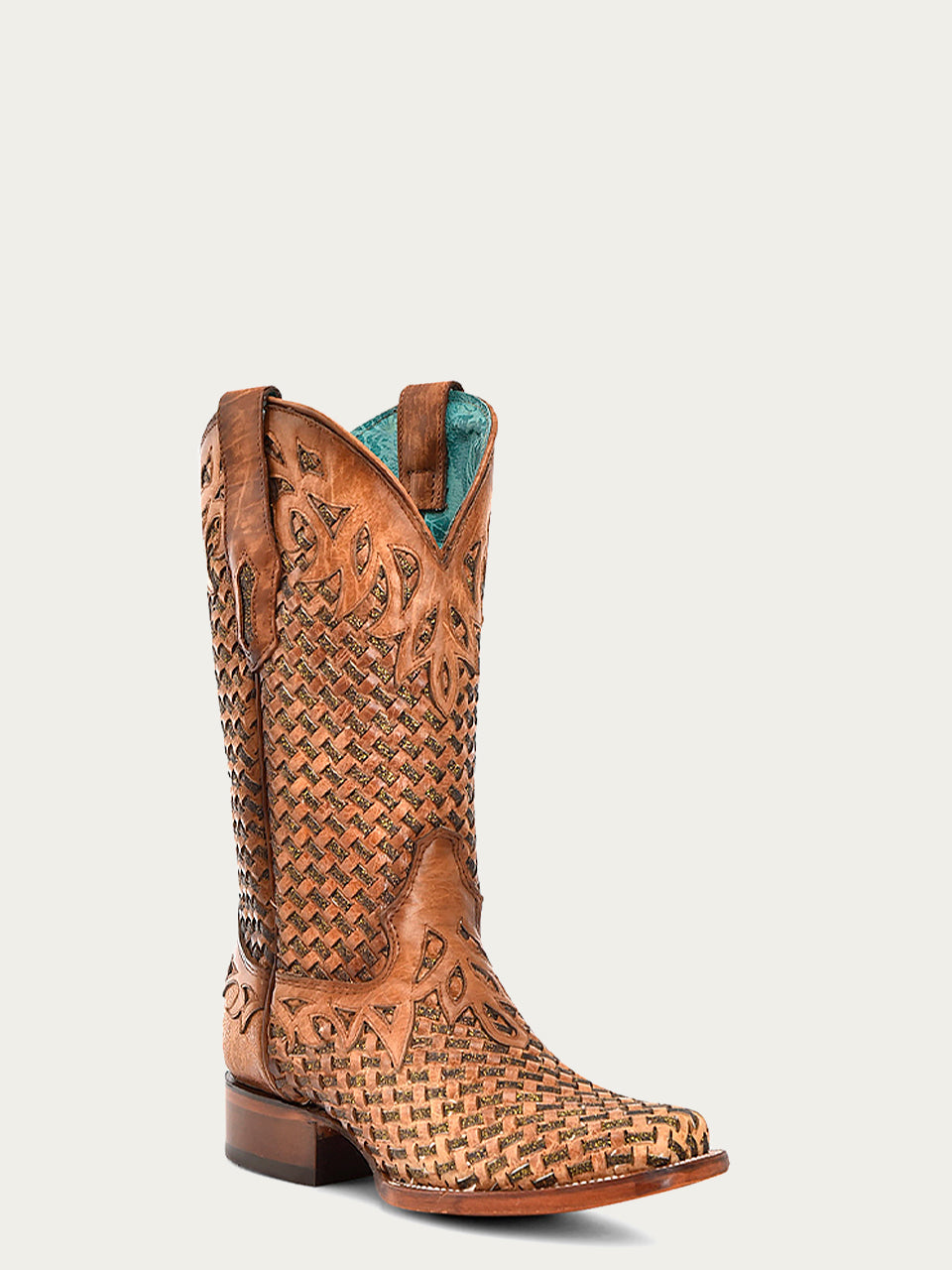 A4525 - WOMEN'S SAND GLITTER WOVEN OVERLAY SQUARE TOE COWBOY BOOT