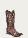 WOMENS TAN INLAY EMBROIDERY AND STUDS BROWN SQUARE TOE COWBOY BOOT-a3326