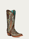 WOMENS TURQUOISE EMBROIDERY BROWN OVERLAY AND STUDS SNIP TOE COWBOY BOOT-c3976