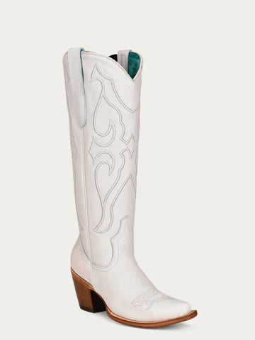 Z5074 WOMEN'S WHITE EMBROIDERY TALL TOP SNIP TOE COWBOY BOOT