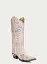 WOMENS WHITE FLORAL EMBROIDERY AND CRYSTALS COWBOY BOOT-a3521