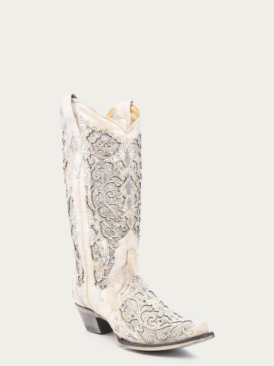 WOMENS WHITE GLITTERED INLAY AND CRYSTALS SNIP TOE WEDDING COWBOY BOOT-A3322