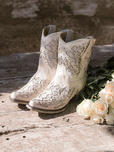 Corral White Leather Glitter Inlay Ankle Boot with Crystals-7.5