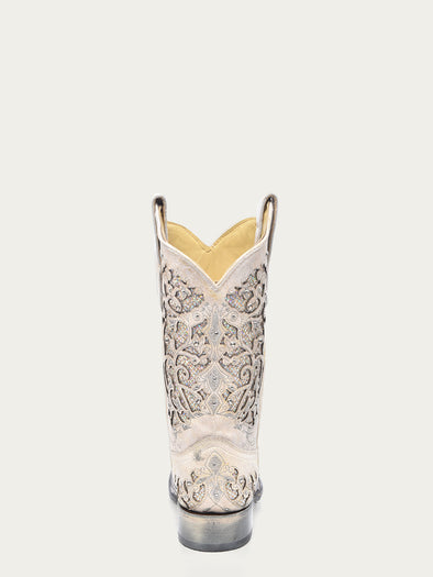 A3397 - WOMEN'S WHITE GLITTERED INLAY AND CRYSTALS SQUARE TOE