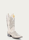 WOMENS WHITE GLITTERED INLAY AND CRYSTALS SQUARE TOE WEDDING COWBOY BOOT-a3397