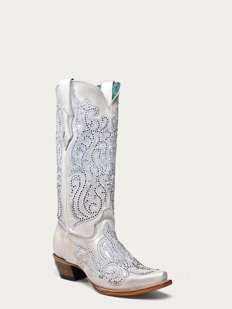 WOMEN'S WHITE OVERLAY EMBROIDERY AND CRYSTALS SNIP TOE BOOT-c4103