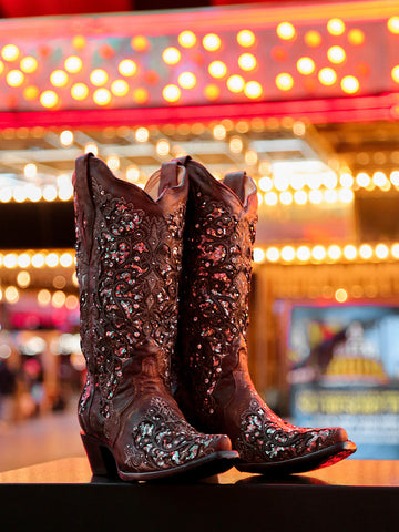 Black Sequin Inlay Corral Boots Black Square Toe Corral Women's