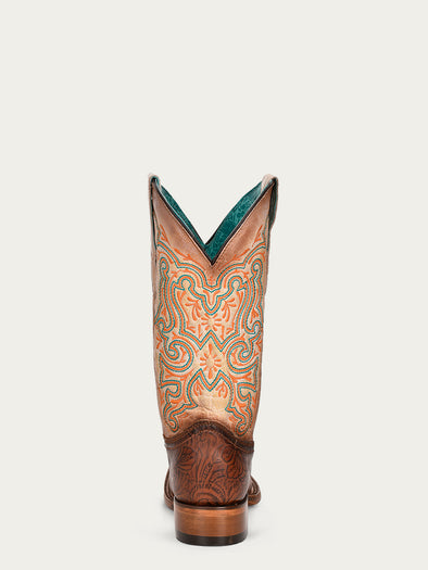 Z5126 - WOMEN'S EMBROIDERY BROWN VAMP SQUARE TOE OFF WHITE COWBOY