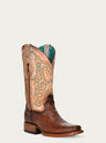 WOMENS EMBROIDERY BROWN VAMP SQUARE TOE OFF WHITE COWBOY BOOT-Z5126