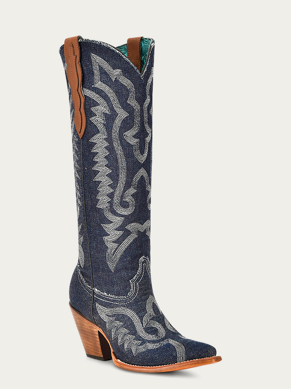 Z5226 - WOMEN'S WHITE EMBROIDERY DENIM TALL TOP POINTED TOE COWBOY BOOT