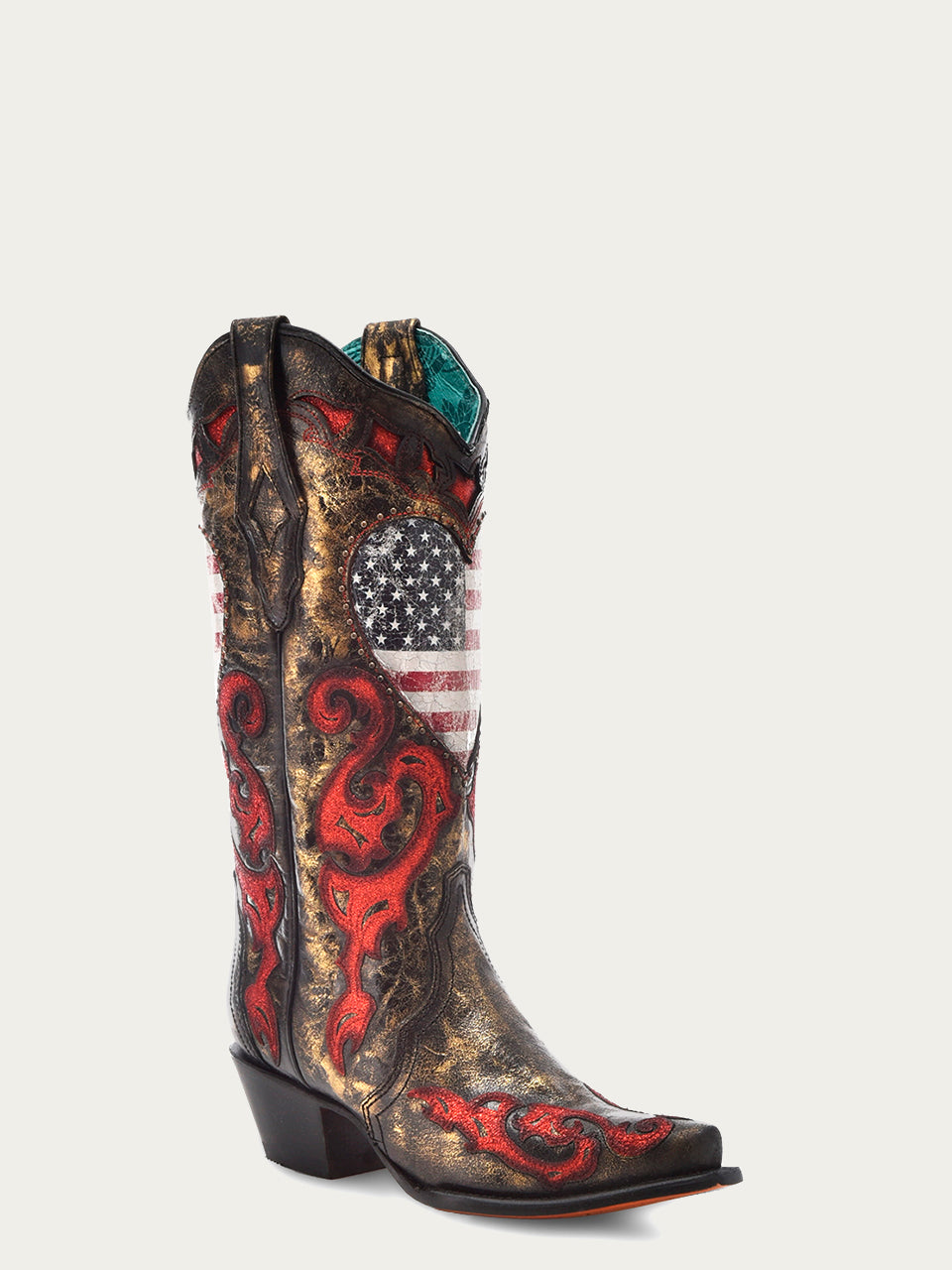 Z5236 - WOMEN'S HEART SHAPPED AMERICAN FLAG WITH STUDS, RED OVERLAY AND INLAY GOLD AND BLACK SNIP TOE COWBOY BOOT.