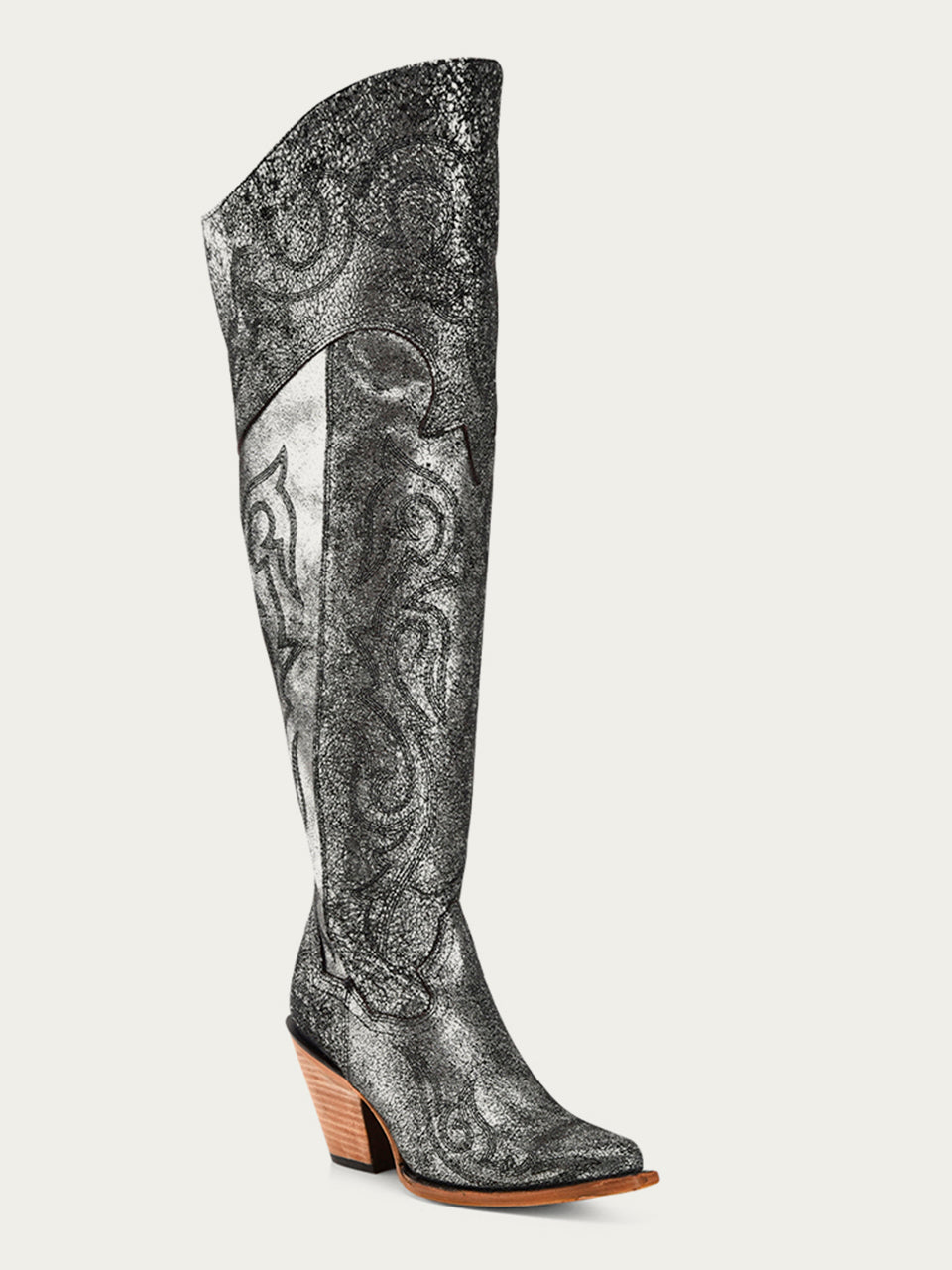 Z5245 - WOMEN'S OLD-SILVER METALLIZED EMBROIDERY SCRUNCHABLE TALL TOP POINTED TOE COWBOY BOOT