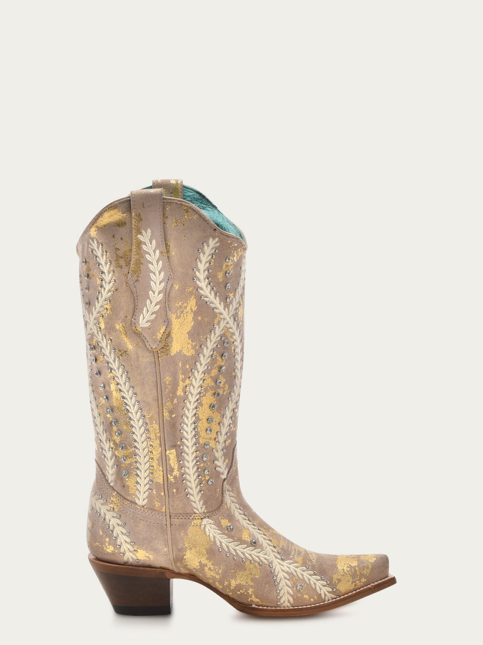 Z5246 - WOMEN'S WHITE EMBROIDERY WITH CRYSTALS AND STUDS TAN WITH GOLD TOUCHES SNIP TOE COWBOY BOOT