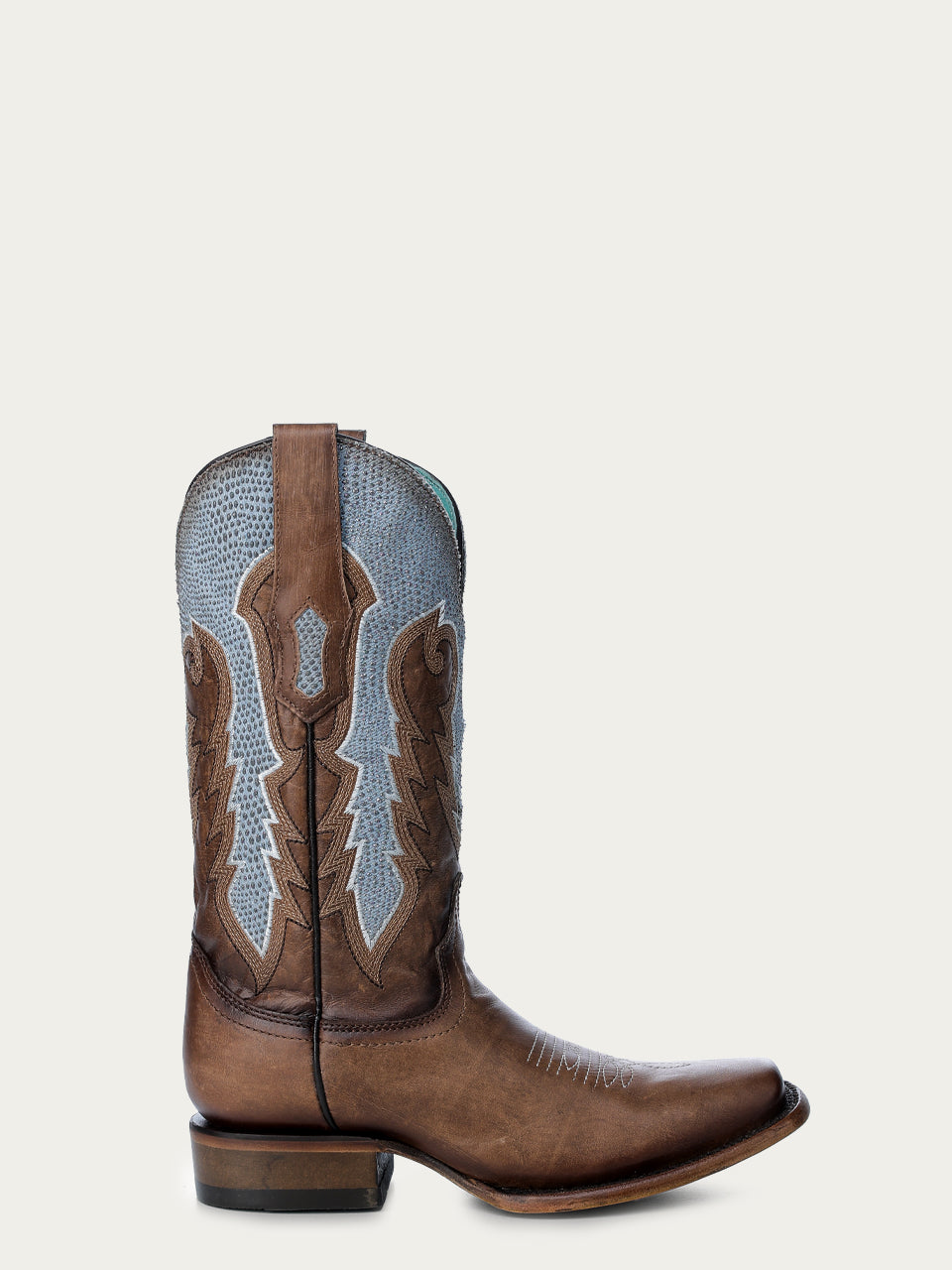 WOMENS_BLUE_GLITTER_LIKE_FINISH_OVERLAY_WHITE_EMBROIDERY_SQUARE_TOE_BROWN_COWBOY_BOOT-Z5292-a