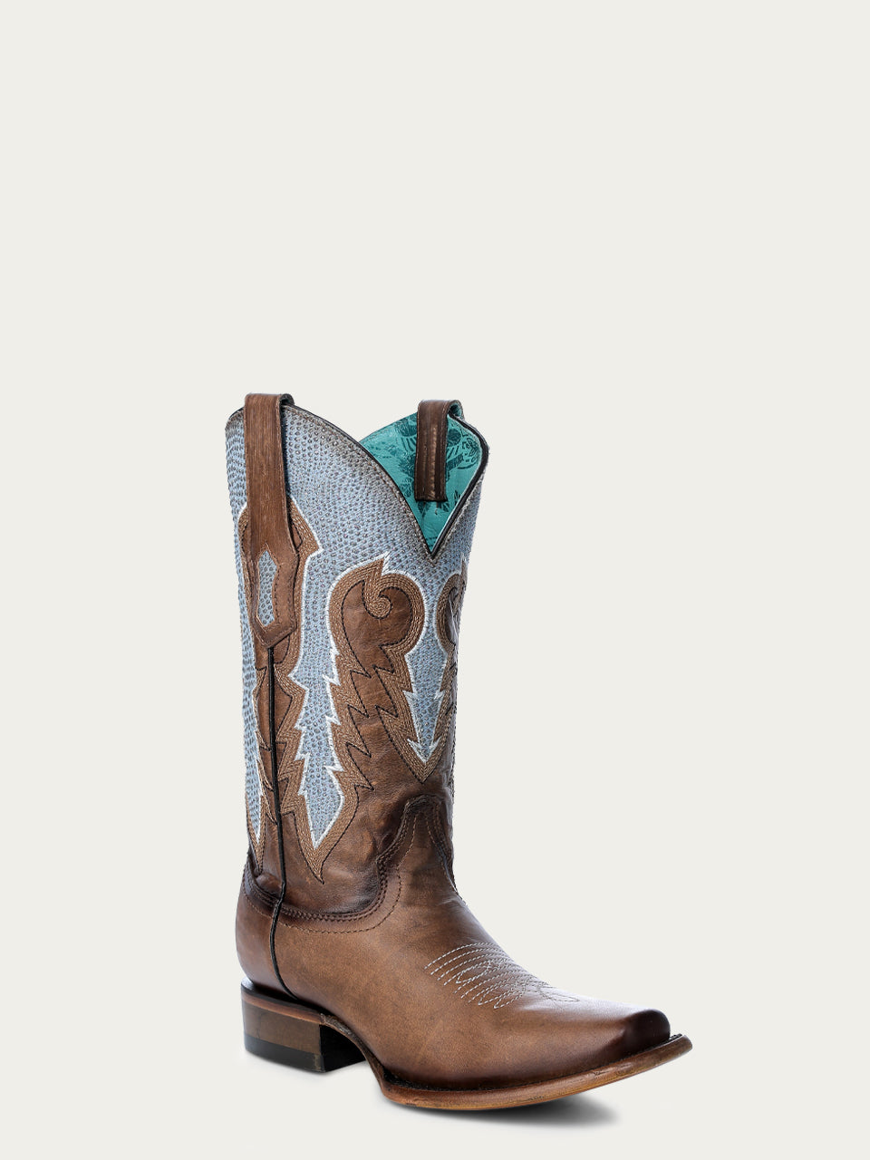 WOMENS_BLUE_GLITTER_LIKE_FINISH_OVERLAY_WHITE_EMBROIDERY_SQUARE_TOE_BROWN_COWBOY_BOOT-Z5292