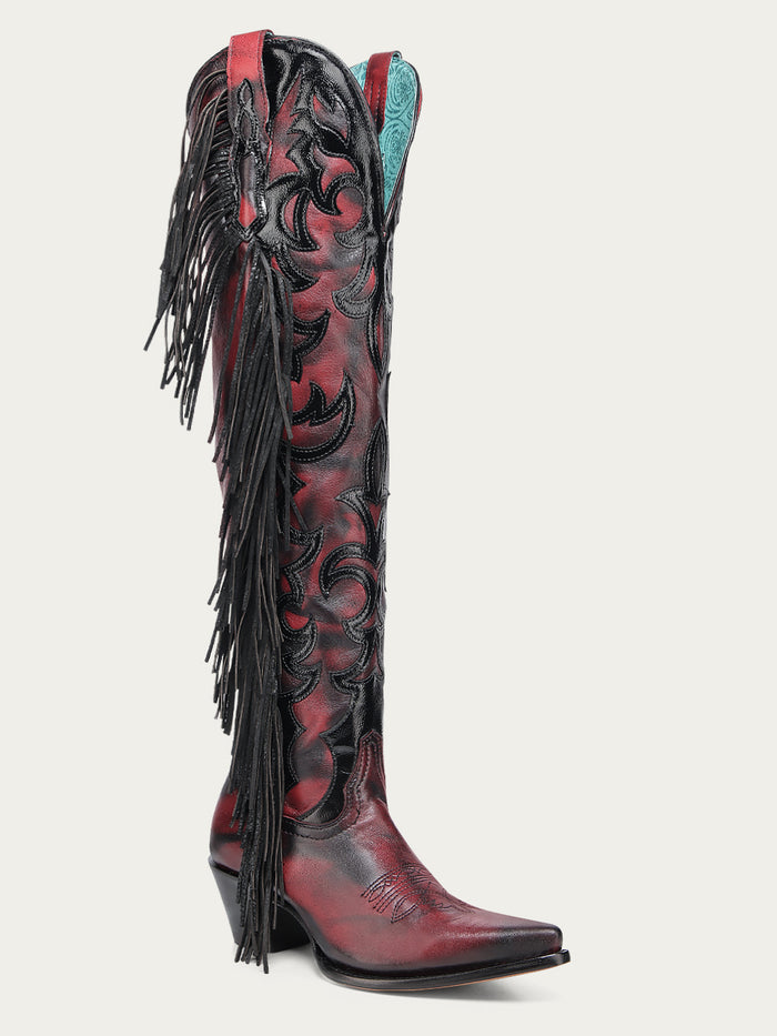 WOMENS RED EMBROIDERY AND OVERLAY WITH FRINGE TALL TOP POINTED LAMB COWBOY BOOT-Z5453