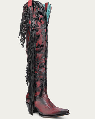 WOMENS RED EMBROIDERY AND OVERLAY WITH FRINGE TALL TOP POINTED LAMB COWBOY BOOT-Z5453
