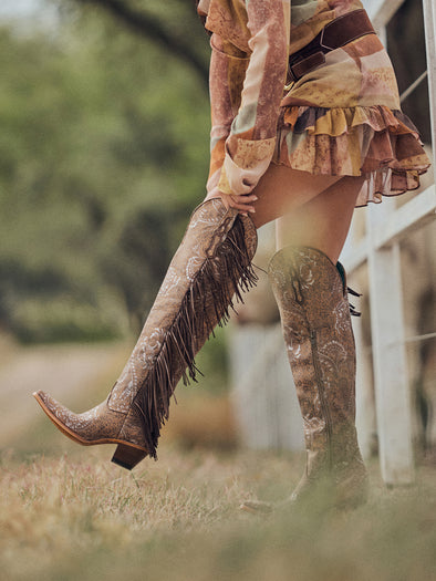 CORRAL BOOTS ブーツ 6 M Z5496 - WOMEN'S STAMPED SUEDE WITH FRINGE SAND TALL TOP POINTED