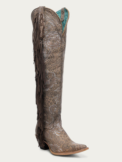 Z5496 - WOMEN'S STAMPED SUEDE WITH FRINGE SAND TALL TOP POINTED