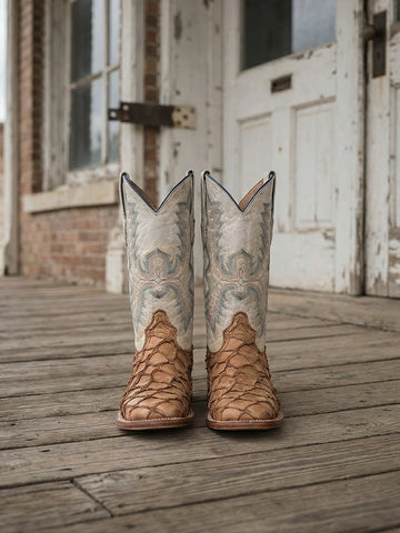 A4050 - MEN'S EMBROIDERY COGNAC PIRARUCU WHITE SQUARE TOE RODEO