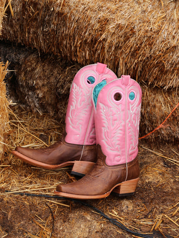 A4459 WOMEN'S PINK GOAT EMBROIDERY BROWN SQUARE TOE COWBOY BOOT